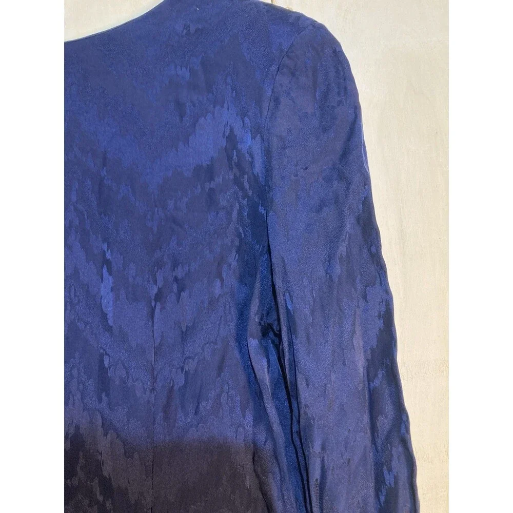 Vintage 90s Ruffle Hem Dress Women Sz 14 Blue Silk Long Sleeve Jacquard Cocktail - Picture 4 of 9